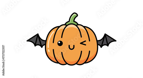 Cute Halloween pumpkin character with bat wings winking perfect for spooky season-themed designs and childrens illustrations conveying a whimsical mood.