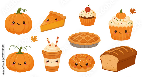 cute autumn treats illustration pumpkins pies cupcakes and a pumpkin spice latte perfect for fall-themed designs and seasonal promotions