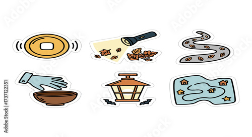 finding hidden objects with a flashlight and map an old coin and a fortune teller mystery and adventure concept perfect for storybook illustrations