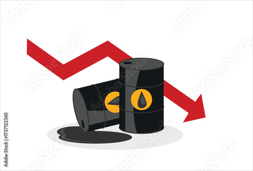 icon oil concept falling oil prices, risk loss crude stocks due price crisis, prices sharpen losses, pile spilled crude barrels with falling graph