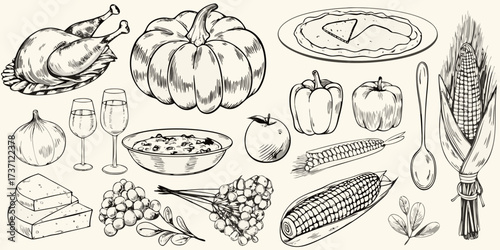 Hand drawn thanksgiving harvest feast elements including turkey pumpkin corn and grapes