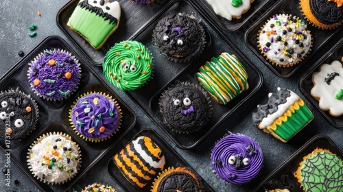 Festive Halloween Cupcakes Decorated with Spider, Ghost, and Pumpkin Designs in Black, Orange, Green, and Purple Colors