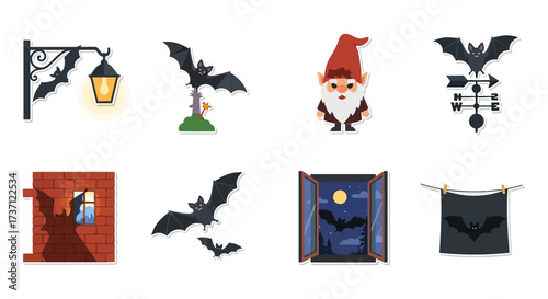 Halloween elements stickers bats gnome window weather vane and light post for autumn decoration and scary theme graphic resources art  design.