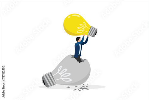 icon work concept vector changing business strategies or ideas, move on to new business opportunities for career success, businessman flying leaving broken light bulb using new light bulb idea concept