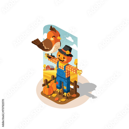 Cute cartoon scarecrow with a bird on his arm and pumpkins.