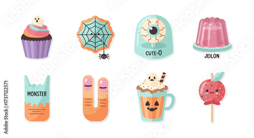 Halloween food stickers featuring a ghostly cupcake spiderweb cookie eyeball jelly monster bag fingers latte and candy apple sweets.