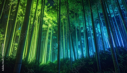 Colorful Lush Bamboo Grove with Green and Blue Ambient Lighting