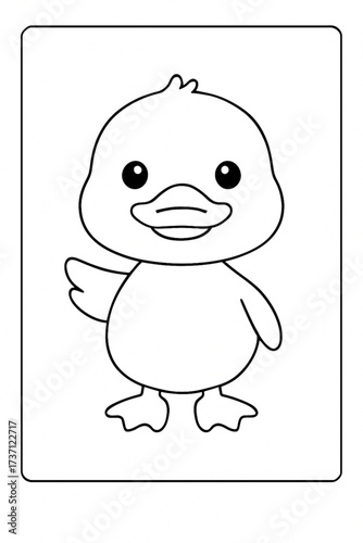 Cute cartoon duck waving with a cheerful expression in black and white  
