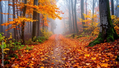 Misty and Colorful Autumnal Forest Path with Fallen Leaves Scenery