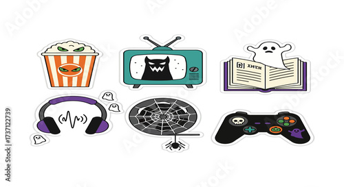 Halloween themed entertainment icons featuring scary movies gaming books and music perfect for a spooky season design element and themed parties.