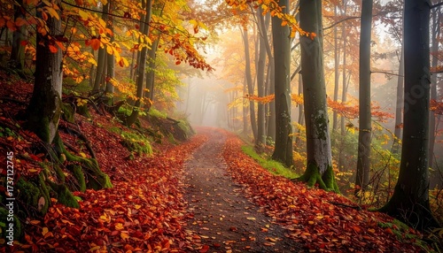 Serene Forest Path with Vibrant Autumn Foliage and Misty Atmosphere