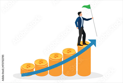 Financial success, profit or compound interest to grow investment fund and reach goal, income or wealth accumulation, stock market earning concept, businessman holding success flag on money stack.