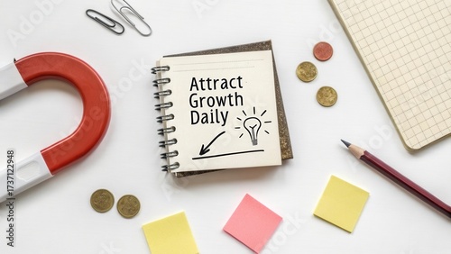 Wallpaper Mural Magnet, notepad, sticky notes, coins, pencil, paper clips, positive thinking, attracting growth, daily motivation, desk setup Torontodigital.ca