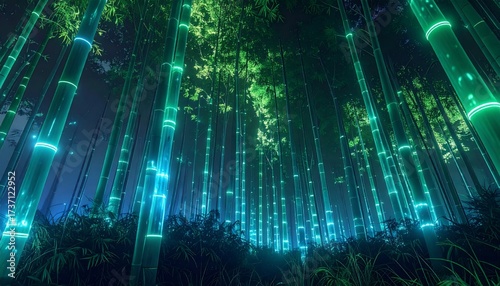 Glowing Illuminated Bamboo Forest Scenery at Night Background Image