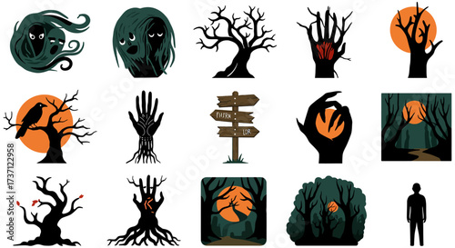 spooky halloween designs silhouette spooky figures and eerie trees for autumn-themed graphics perfect for horror fantasy and witchcraft blogs.