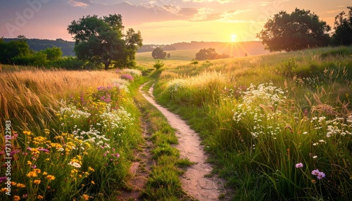Serene Rural Landscape with Blooming Meadow and Winding Country Road at Sunset