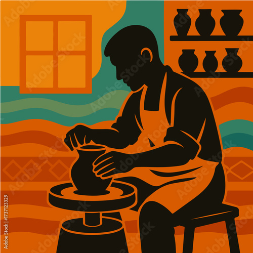 Potter Shaping Clay On Wheel In Cozy Studio Handmade Ceramic Vector