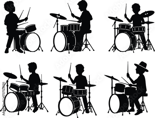 Silhouette of child drummer playing drums, young musician with drum set, percussion performance, music training, rhythm, sound, concert, entertainment.