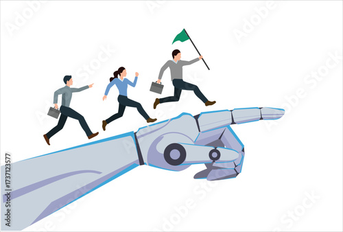 AI Artificial Intelligence help support business success, technology or innovation for new opportunity, invention for business growth concept, business people walking up on robot hand pointing up.