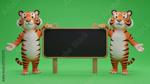 Adorable Cartoon Tigers Presenting a Blank Blackboard on Green Screen Background
