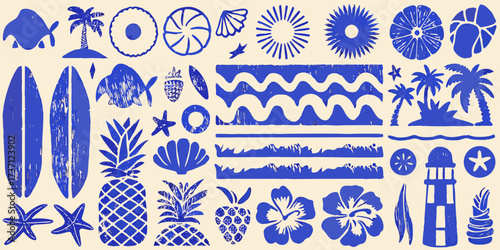 Collection of blue tropical summer icons and patterns on a beige background