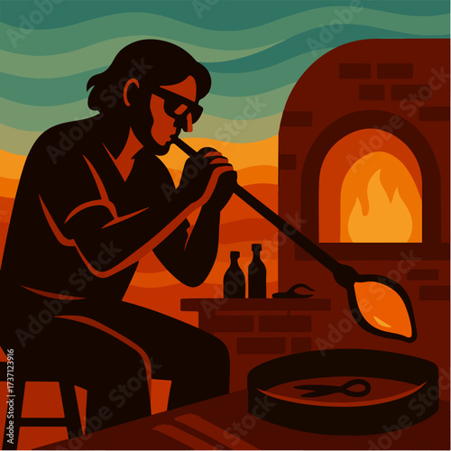 Glassblower Working With Molten Glass At Furnace Traditional Studio Vector