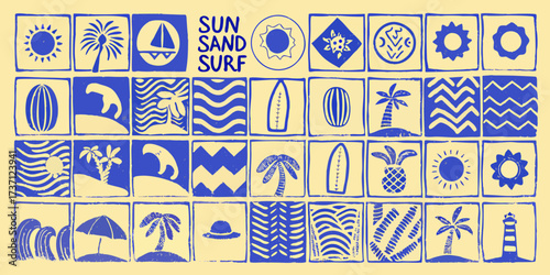Collection of blue and yellow summer beach icons and symbols in a grid pattern