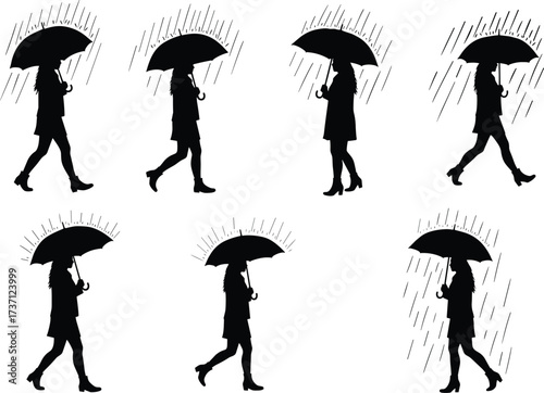 Silhouette of woman walking with umbrella in rain, stylish lady, rainy day, fashion, weather, protection, urban lifestyle, elegance.