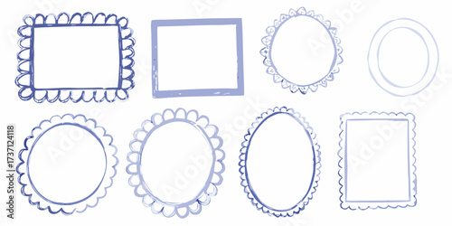 Collection of hand drawn blue watercolor frames and borders in various shapes and styles
