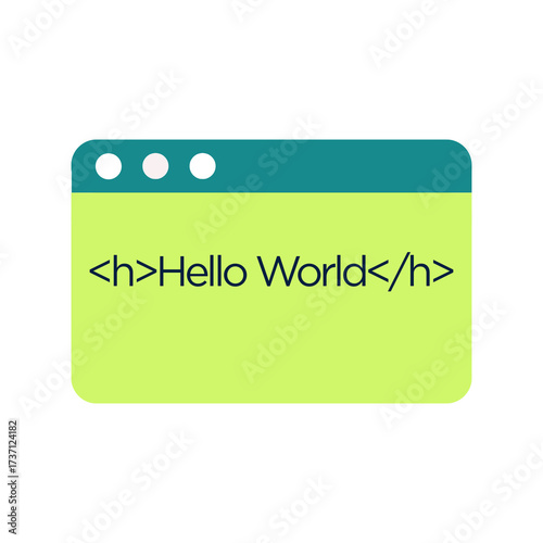 Illustration of a web browser window displaying Hello World in HTML tags.