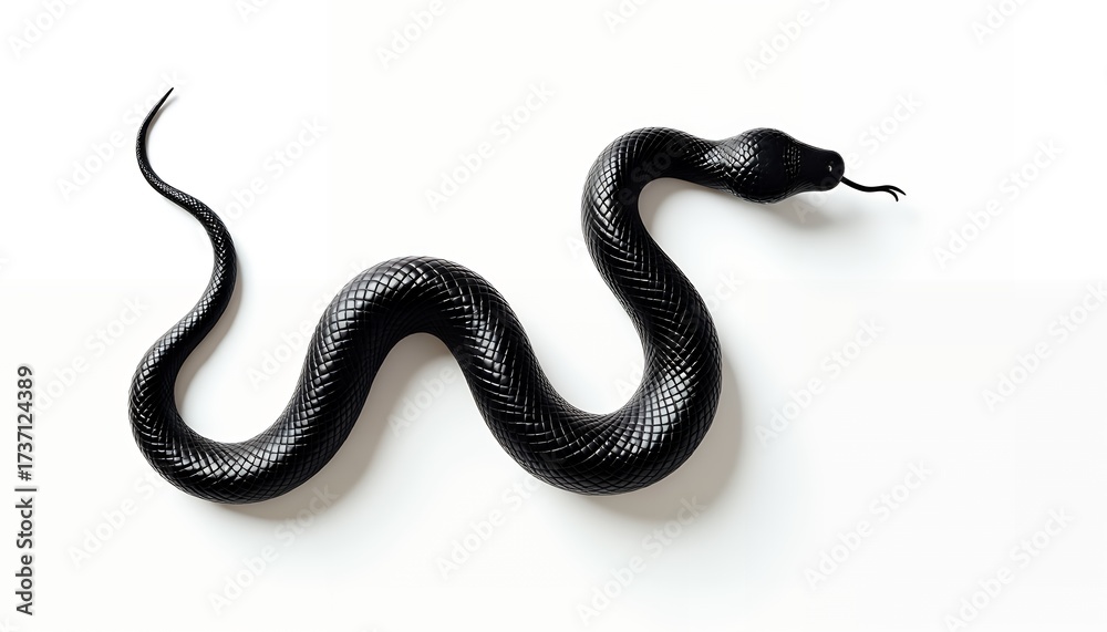 Obraz premium Glossy black serpent coiled on white black snake reptile