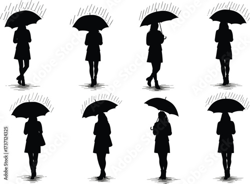 Silhouette of woman holding umbrella in rain, standing, walking, elegant lady, rainy weather, lifestyle, fashion, protection, urban scene.