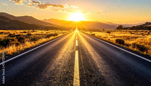 Asphalt Road Leading to the Horizon at Golden Hour Landscape Image