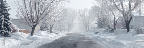 Quiet snowy street in a suburban area, covered in fresh snow, with trees and houses barely visible in the winter fog creating a serene atmosphere.