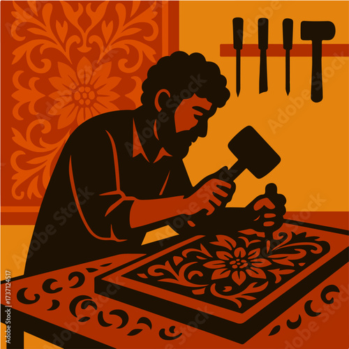 Craftsman Carving Wooden Panel With Hammer And Chisel Decorative Relief Vector