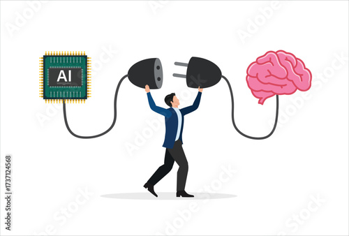 MobileAI machine learning, neural network technology or human to work together with AI artificial intelligence, innovation technology concept, businessman connect human brain with AI chip processing