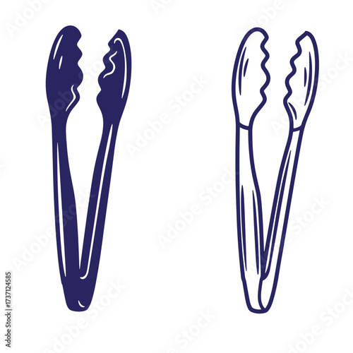 Hand drawn illustration of two kitchen tongs in different filled and outline styles