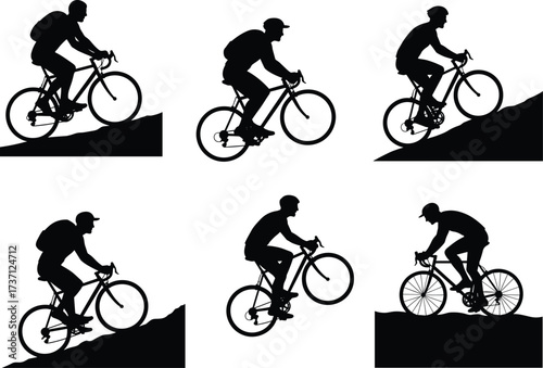 Silhouette of cyclist riding uphill, mountain biking adventure, outdoor sport activity, endurance training, road cycling, fitness lifestyle, speed, travel challenge.