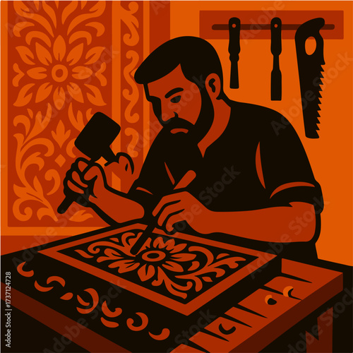 Woodcarver With Chisel And Mallet Making Ornate Floral Panel Craft Vector
