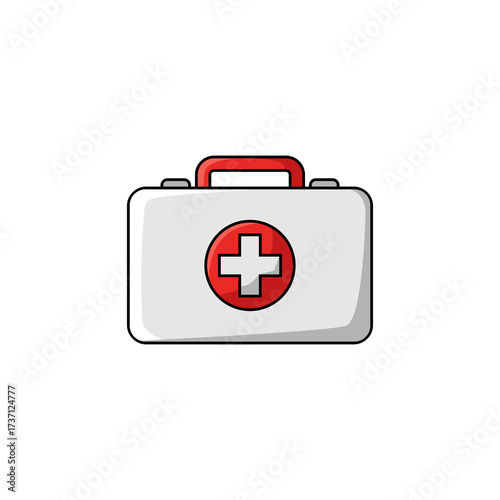 A cartoon illustration depicting a closed, white first aid kit with a red cross symbol.