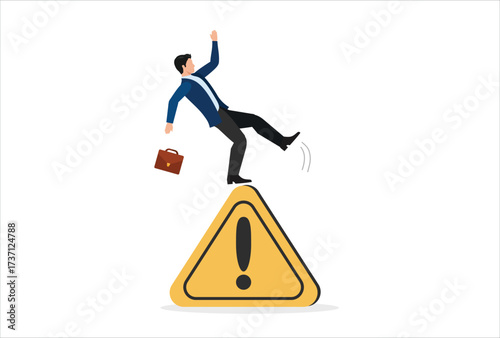 MobileMistake caution, business risk or problem warning, failure prevention or avoid danger concept, cautious businessman slip falling on exclamation symbol beware, careful caution sign.