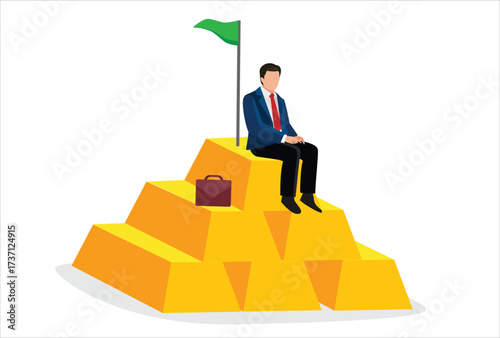 Gold investment, safe haven in financial crisis or wealth management and asset allocation concept, businessman success wealth manager, trader or rich investor sitting on stack of gold bar bullion.