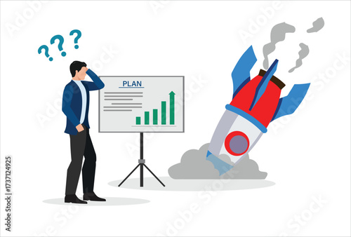icon logo sign work concept vector design Businessman with plans and falling rocket. Business failure, technical error, wasted effort, startup failure.