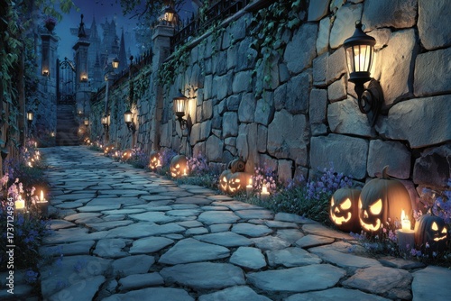 Enchanted Halloween Pathway with Lanterns and Jack-o'-Lanterns Surrounded by Purple Flowers in a Mysterious Night Setting