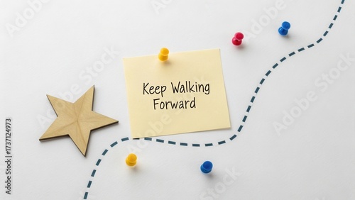 Wallpaper Mural Inspiring Motivation with a Note to Keep Walking Forward on a Creative Workspace with Colorful Push Pins and a Wooden Star Torontodigital.ca