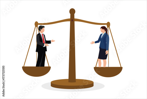Gender equality, workplace fairness, justice or law, diversity corporate employee, comparison or balance scales, equilibrium concept, businessman and businesswoman colleagues on balance equal scales.