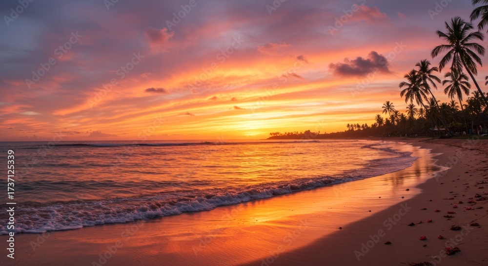 Obraz premium Tropical beach at sunset with palm trees and vibrant sky