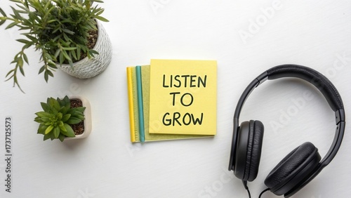 Wallpaper Mural Inspirational Workspace with Headphones, Notes for Listening, Green Plant, Bright Setting for Growth and Creativity Torontodigital.ca