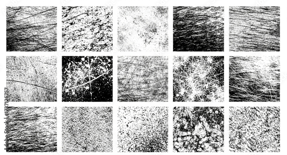 Fototapeta premium Overlay texture set. Different types of texture stamps (damaged, paint, old, concrete and other). Vector collection urban grunge overlay. Paint texture with spray effect and drop ink splashes. Vector