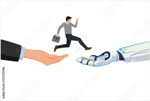 MobileAI adoption or implementation to success, change or transformation using Artificial Intelligence innovation to help business achievement, businessman hold winning flag jump from human hand to AI